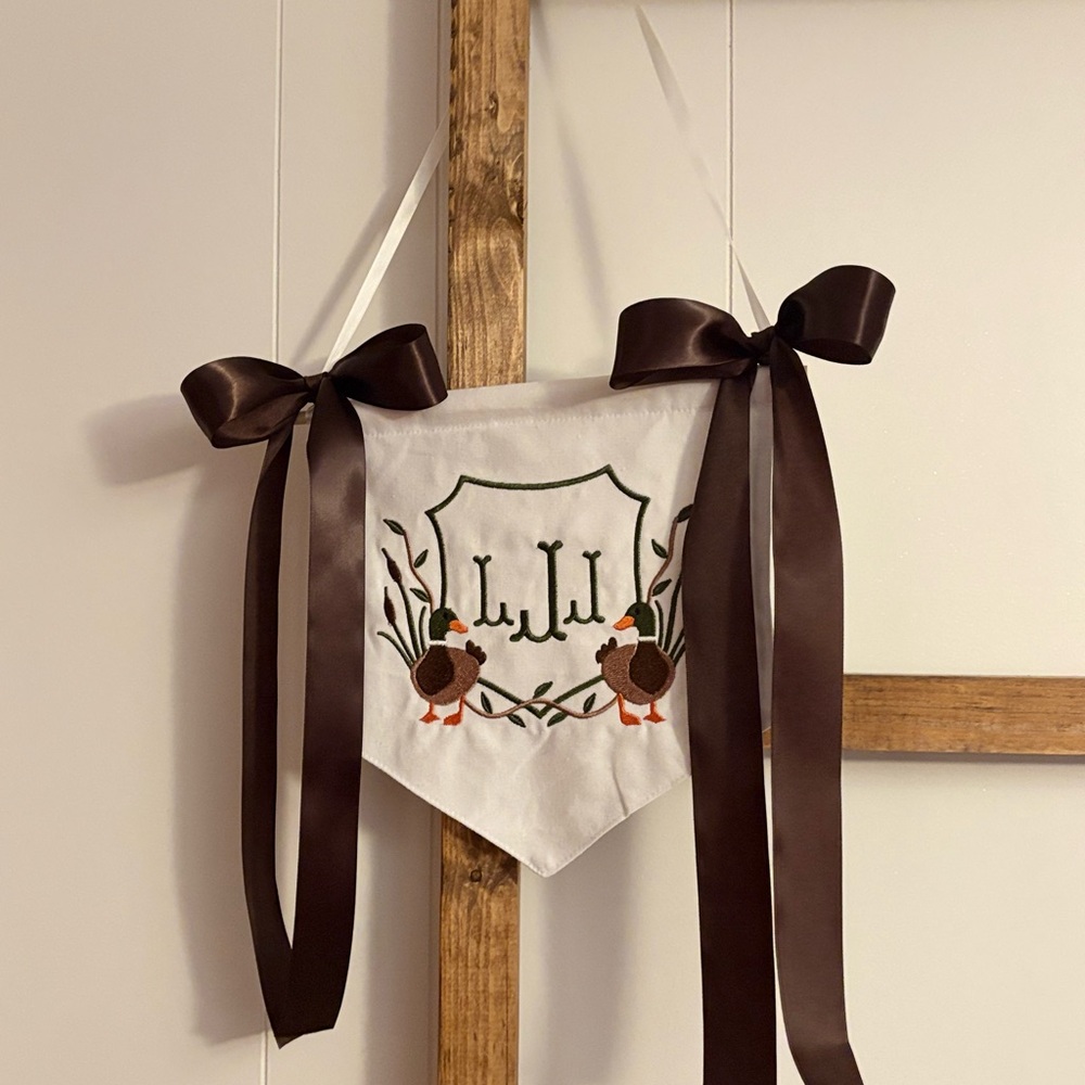 Cream Banner with Brown Ribbons and Embroidery
